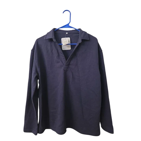 Women's Collared Pullover Sweatshirt Navy Blue - Picture 3 of 8